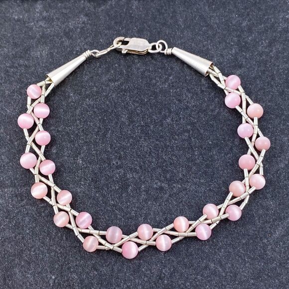 Pink Cat’s Eye Double Strand Bead Bracelet | Cone Tip | Sterling Silver |  7.25" - Picture 2 of 4